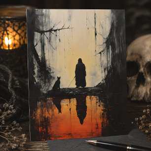 Postal Figura encapuchada y paisaje gótico brumoso de gat