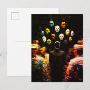 Postal Figura sin rostro rodeada de caras enmascaradas Im