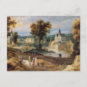 Postal Figuras en un paisaje con abejía de pueblo y casti