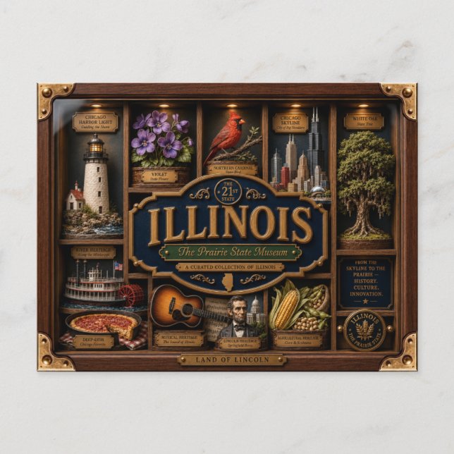 Postal Figurilla 3D de Illinois en caja de sombra Estado (Anverso)