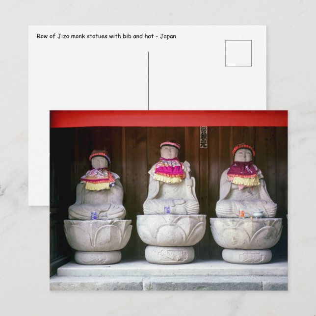 Postal Fila de estatuas de monjes Jizo con babero y sombr (Anverso / Reverso)