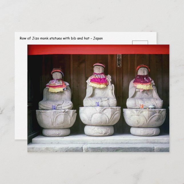 Postal Fila de estatuas de monjes Jizo con bib y gorra -  (Anverso / Reverso)