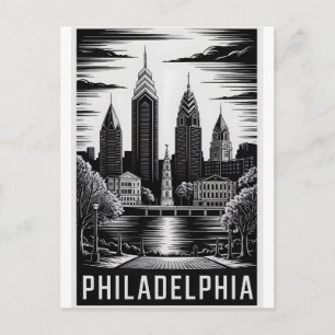Postal Filadelfia Pensilvania Grabado en Madera Blanco y 