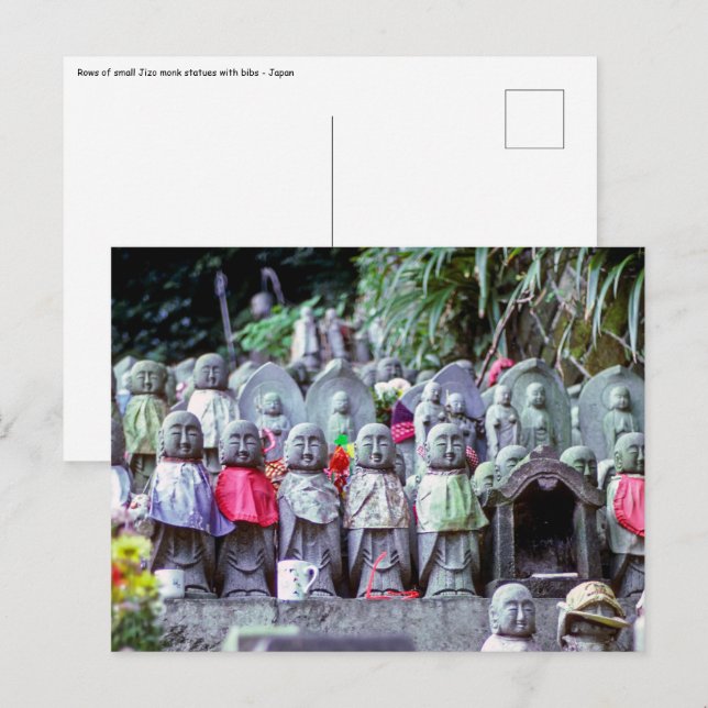 Postal Filas de pequeñas estatuas de monjes jizo con bíbs (Anverso / Reverso)