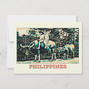 Postal Filipinas, niños jugando con búfalos de agua