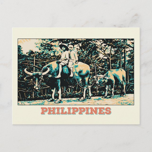 Postal Filipinas, niños jugando con búfalos de agua (Anverso)