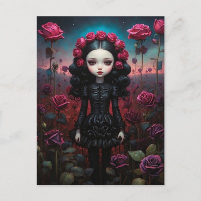 Postal Fille dans un champs de roses (Anverso)
