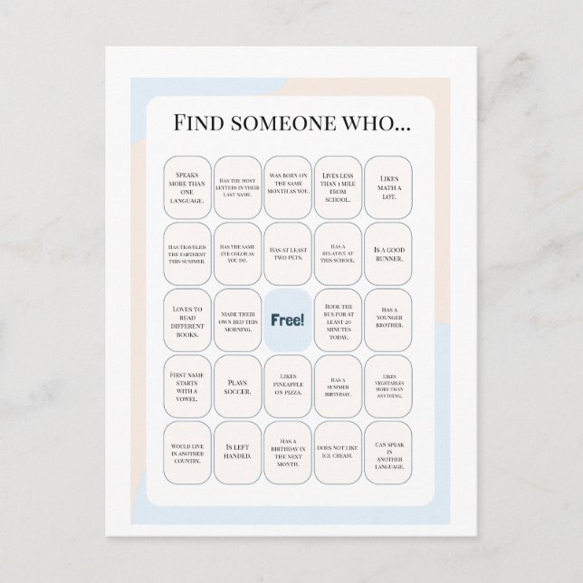 Postal Find Someone Who Classroom Bingo Activity (Anverso)