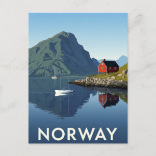 Postal Fiordo de Noruega con Cabaña Roja