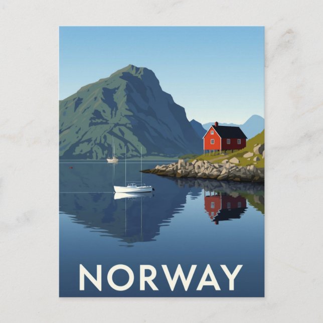 Postal Fiordo de Noruega con Cabaña Roja (Anverso)
