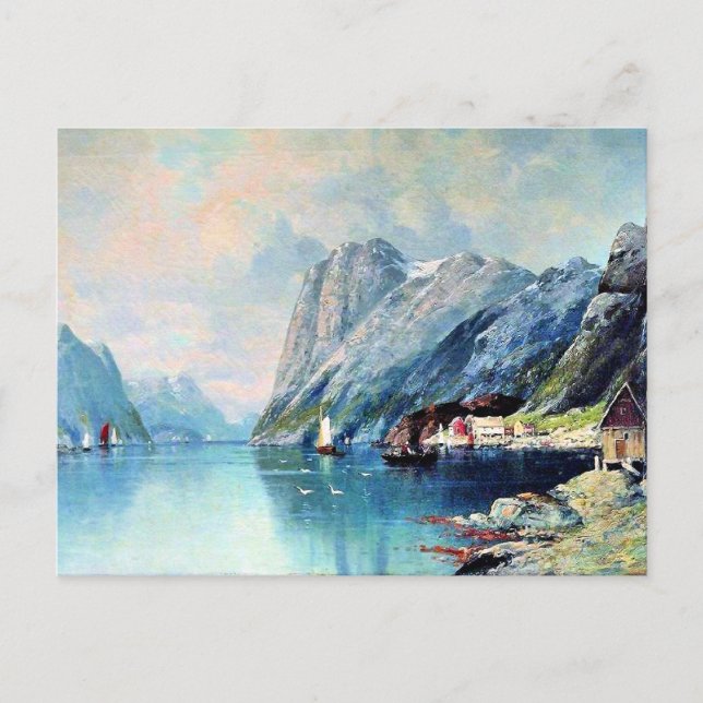 Postal Fiordo en Noruega, pintura artística fina, (Anverso)