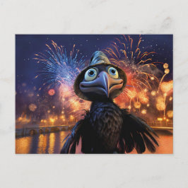 Postal Firework Wonder Raven Watching Night Sky In Styliz
