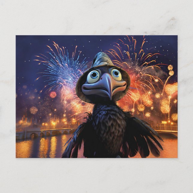Postal Firework Wonder Raven Watching Night Sky In Styliz (Anverso)