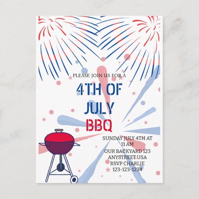 Postal Fireworks 4th of July BBQ Invitation (Anverso)