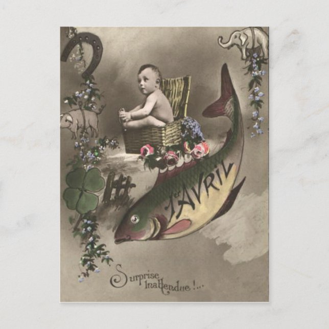 Postal Fish Baby Cuatro Leaf Clover Poisson d'avril (Anverso)