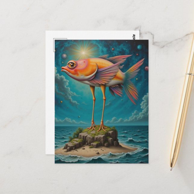 Postal Fish With Bird Legs on Tiny Island Surreal (Anverso/Reverso In Situ)