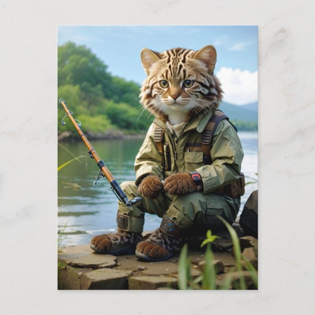 Postal fishing cat at the lake / fischende Katze am See (Anverso)
