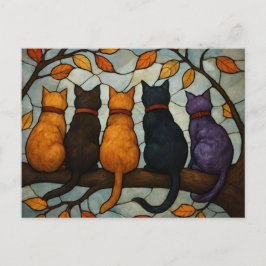 Postal Five Cats on a Tree Branch Stained Glass Style