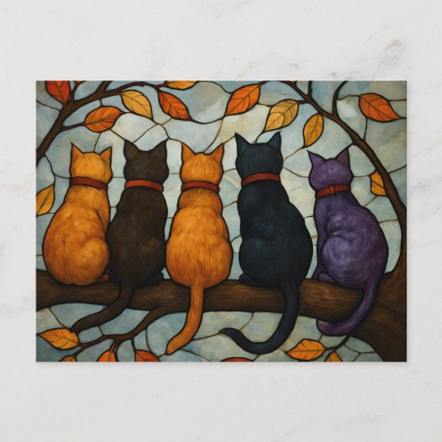 Postal Five Cats on a Tree Branch Stained Glass Style (Anverso)