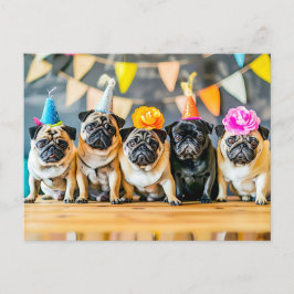 Postal Five Pugs with Party Hats Together