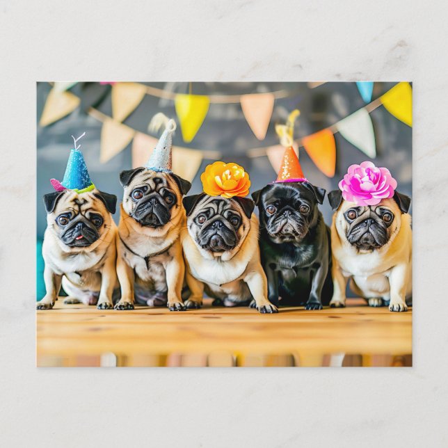Postal Five Pugs with Party Hats Together (Anverso)