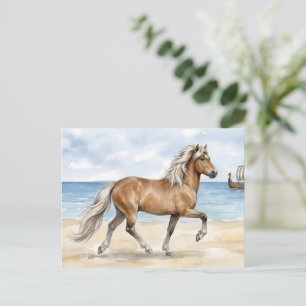 Postal Fjara Caballo islandés acuarela en la playa