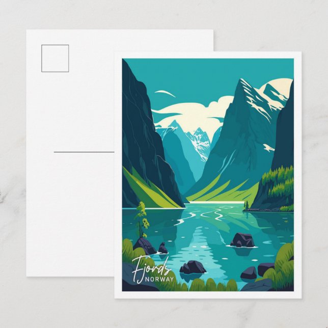 Postal Fjords ilustracion de arte Noruega Viaje de época (Anverso / Reverso)