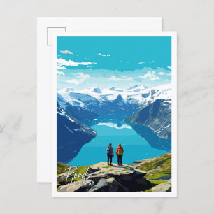 Postal Fjords Noruega ilustracion de viaje vintage de art