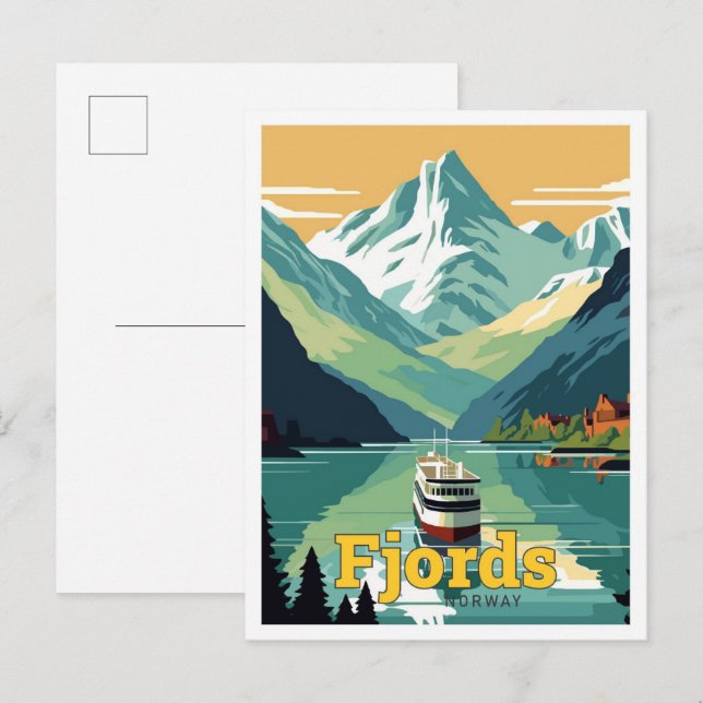 Postal Fjords Noruega Viaja Ilustracion de arte de cosech (Anverso / Reverso)