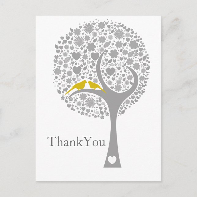 Postal flamante árbol amarillo pájaros amorosos mod boda  (Anverso)