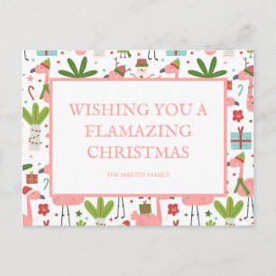 Postal Flamazing Navidad Flamencos Rosados Muñecos de Nie