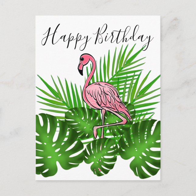 Postal Flamenco rosa, feliz cumpleaños selva tropical (Anverso)