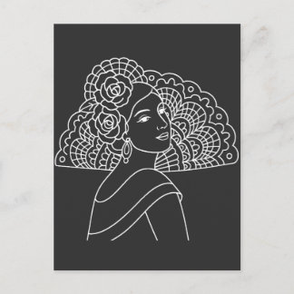 Postal Flamenco Spanish Lady With Fan Ink art Drawing