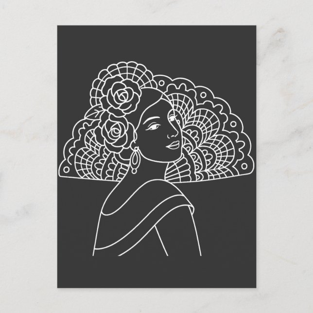 Postal Flamenco Spanish Lady With Fan Ink art Drawing (Anverso)
