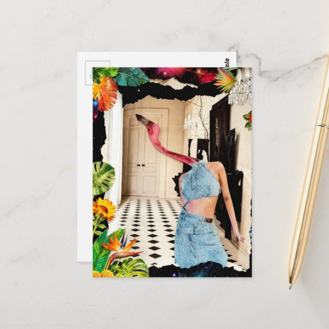 Postal Flamenco Surrealista con Flores Colage (Anverso/Reverso In Situ)