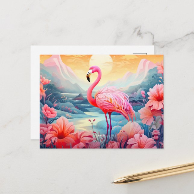 Postal Flamenco Tropical con Flores (Anverso/Reverso In Situ)