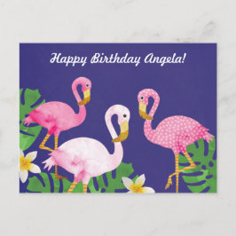 Postal Flamencos rosados tropicales en morado
