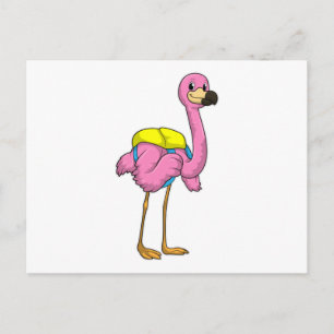 Postal Flamingo como alumno con bolso escolar