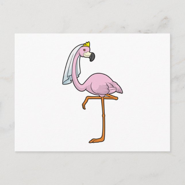 Postal Flamingo como novia en Boda con velo (Anverso)
