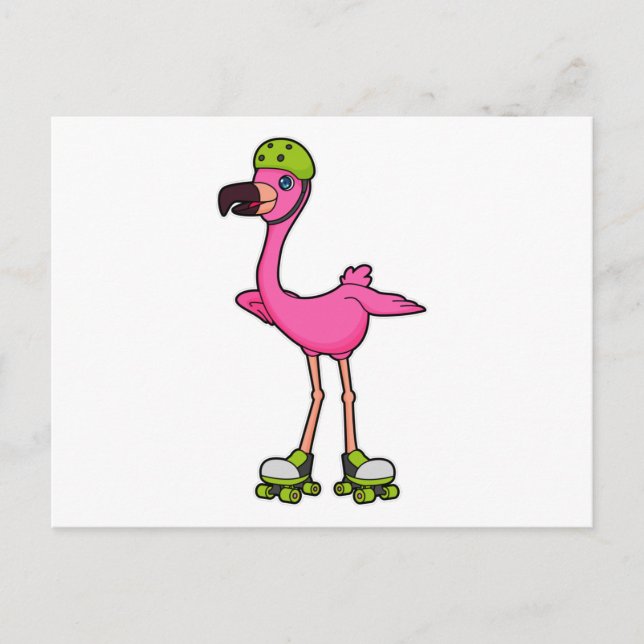 Postal Flamingo como patinador con patines y casco (Anverso)