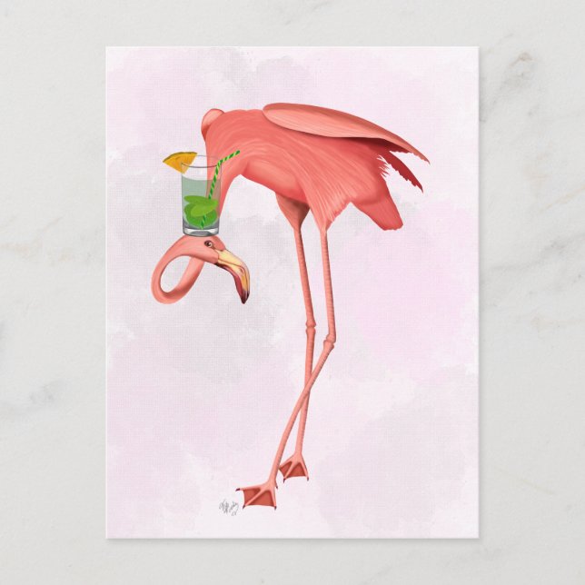 Postal Flamingo con cóctel (Anverso)