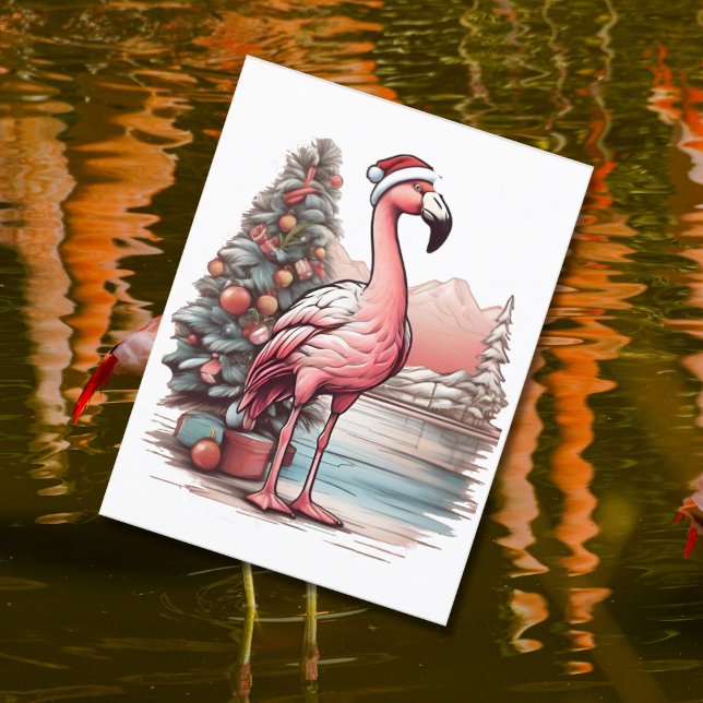 Postal Flamingo con sombrero santa al lado del árbol de N (Subido por el creador)