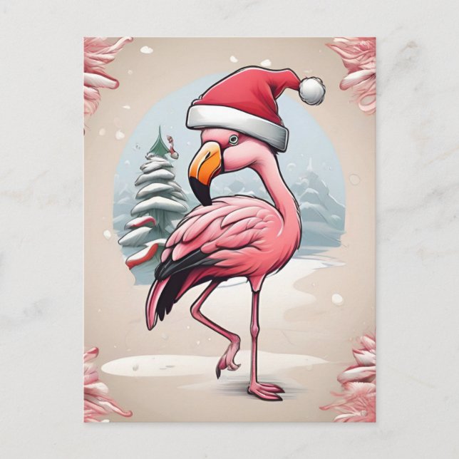Postal Flamingo con sombrero santa al lado del árbol de N (Anverso)