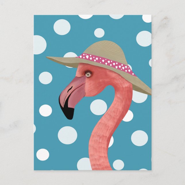 Postal Flamingo de verano | Puntos de polka azul decorati (Anverso)