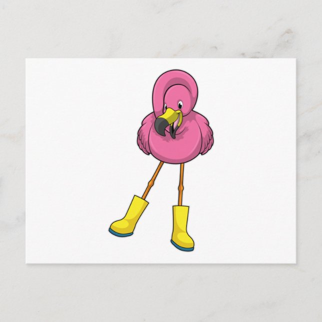 Postal Flamingo en Lluvia con botas de goma (Anverso)