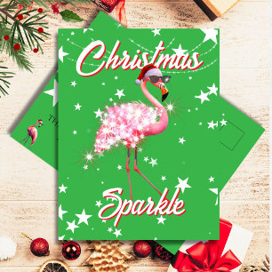 Postal Flamingo en Santa Hat y Navidades verdes de vidrio