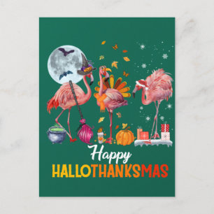 Postal Flamingo Halloween Y Feliz Navidad Hallo