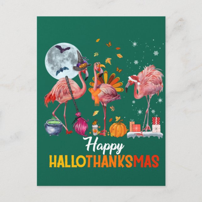 Postal Flamingo Halloween Y Feliz Navidad Hallo (Anverso)