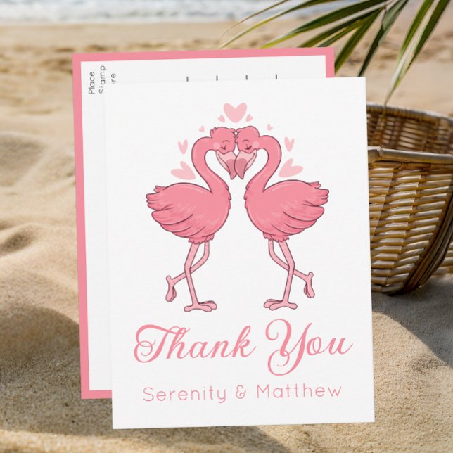 Postal Flamingo Pink Tropical Beach Wedding Thank You (Subido por el creador)