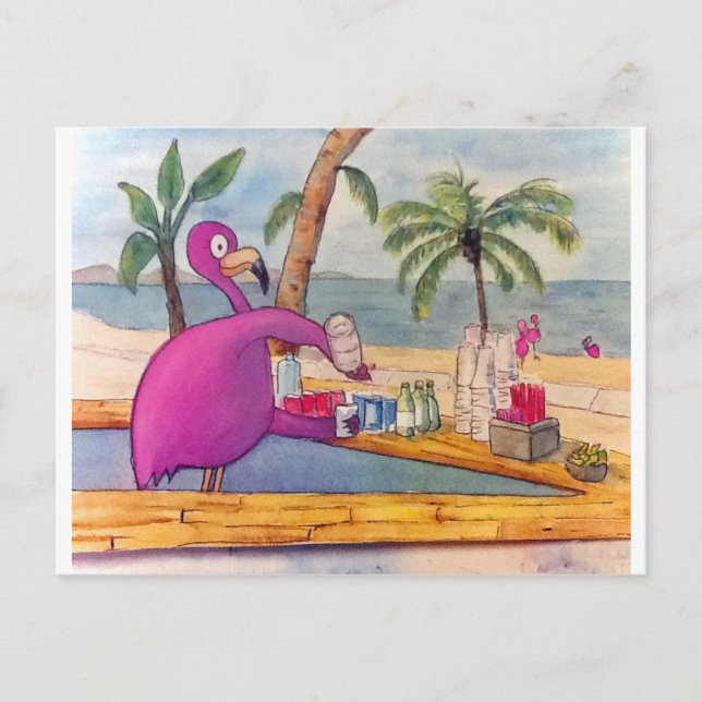 Postal Flamingo rosa caprichoso Fiesta bebe una playa (Anverso)